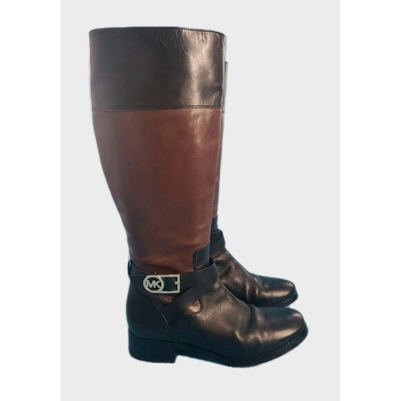 Womens Riding Boots Michael KorsSZ 7.5 Lether 2 Tone Block Heel Brown Black - Picture 1 of 15